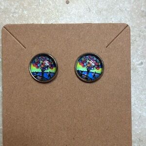 Colorful Tree of Life button Earrings